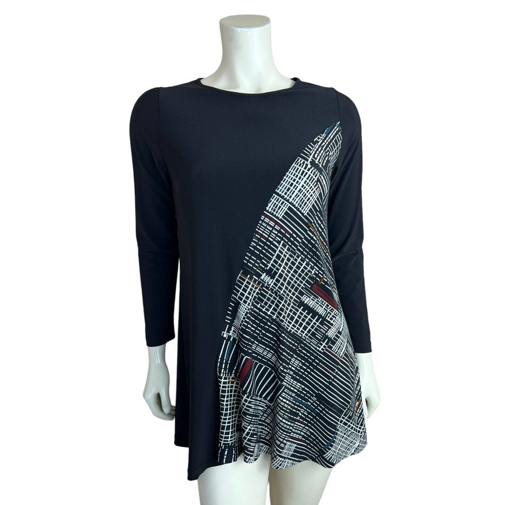 Sun Kim Black Long Sleeve Tunic Top XS Geometric Print Stretch Swing Comfy USA